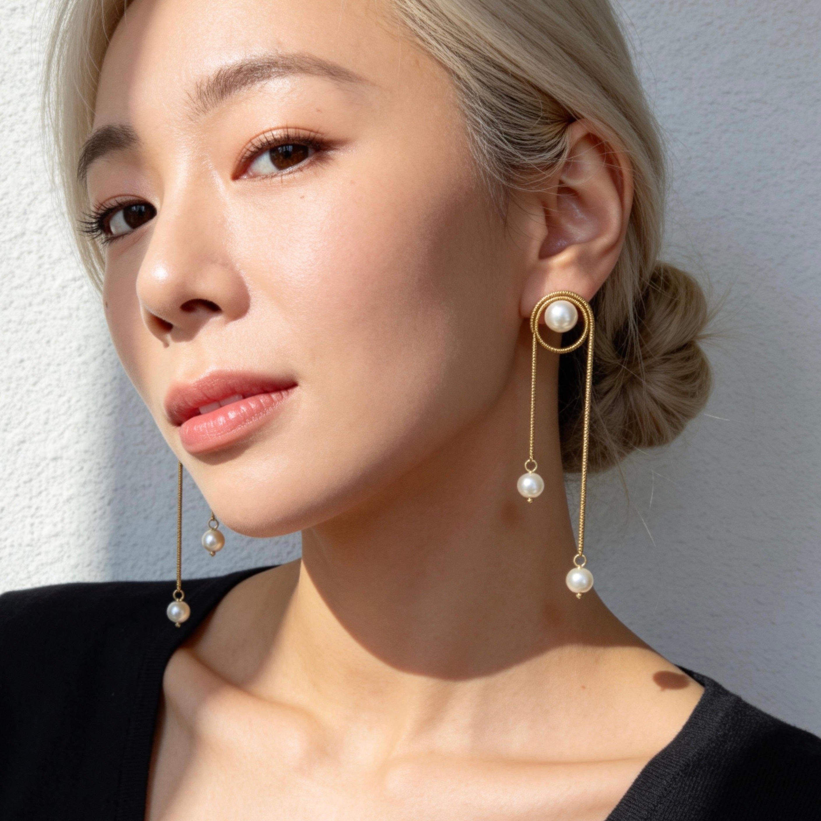 Gold Pearl Chain Drop Earrings