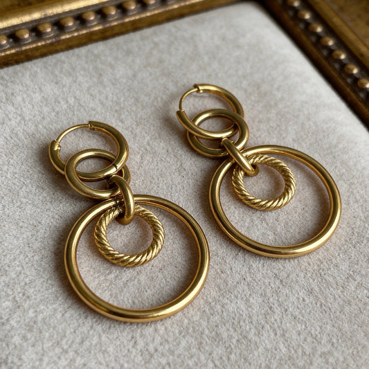 Gold Double Hoop Drop Earrings Geometric Style