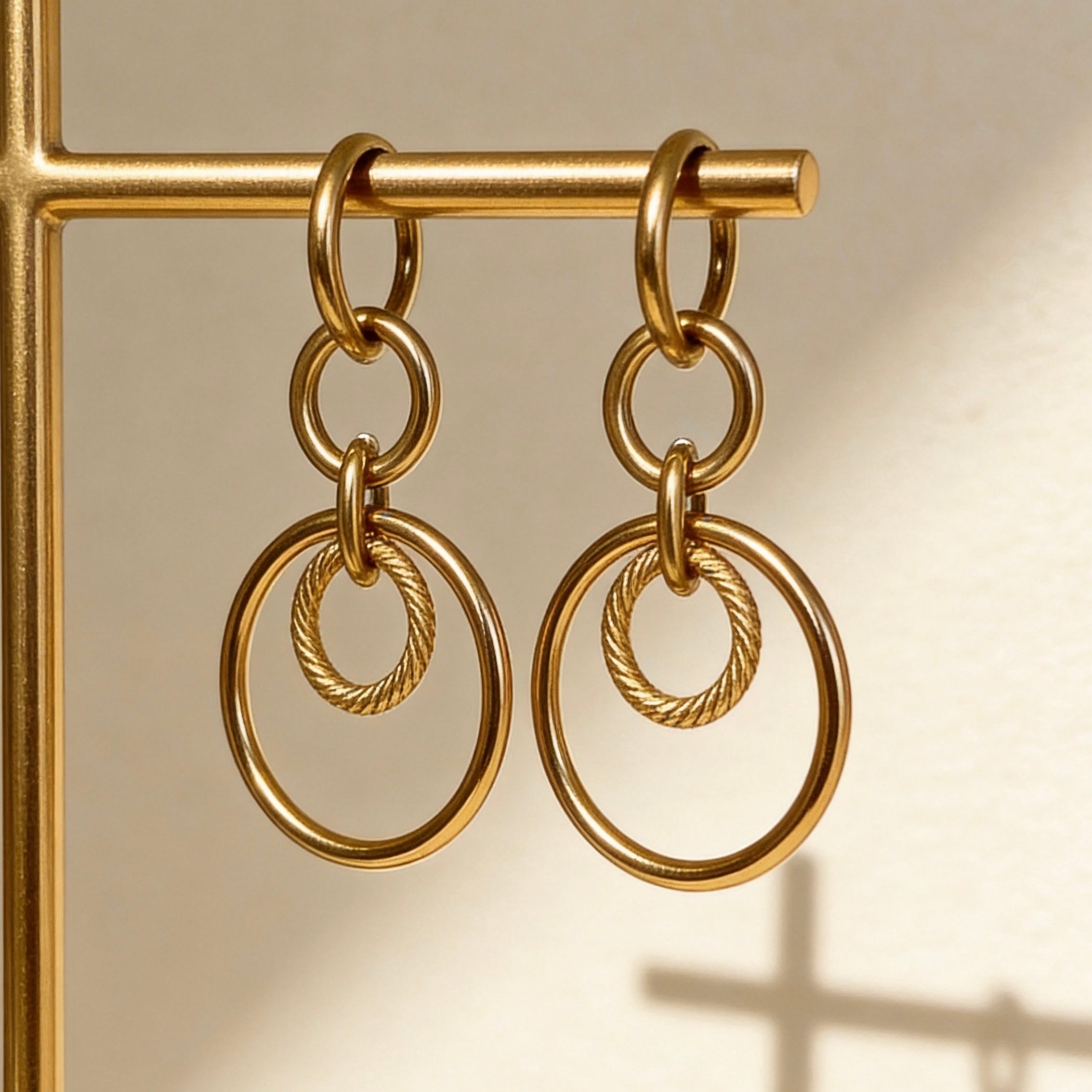 Gold Double Hoop Drop Earrings Geometric Style