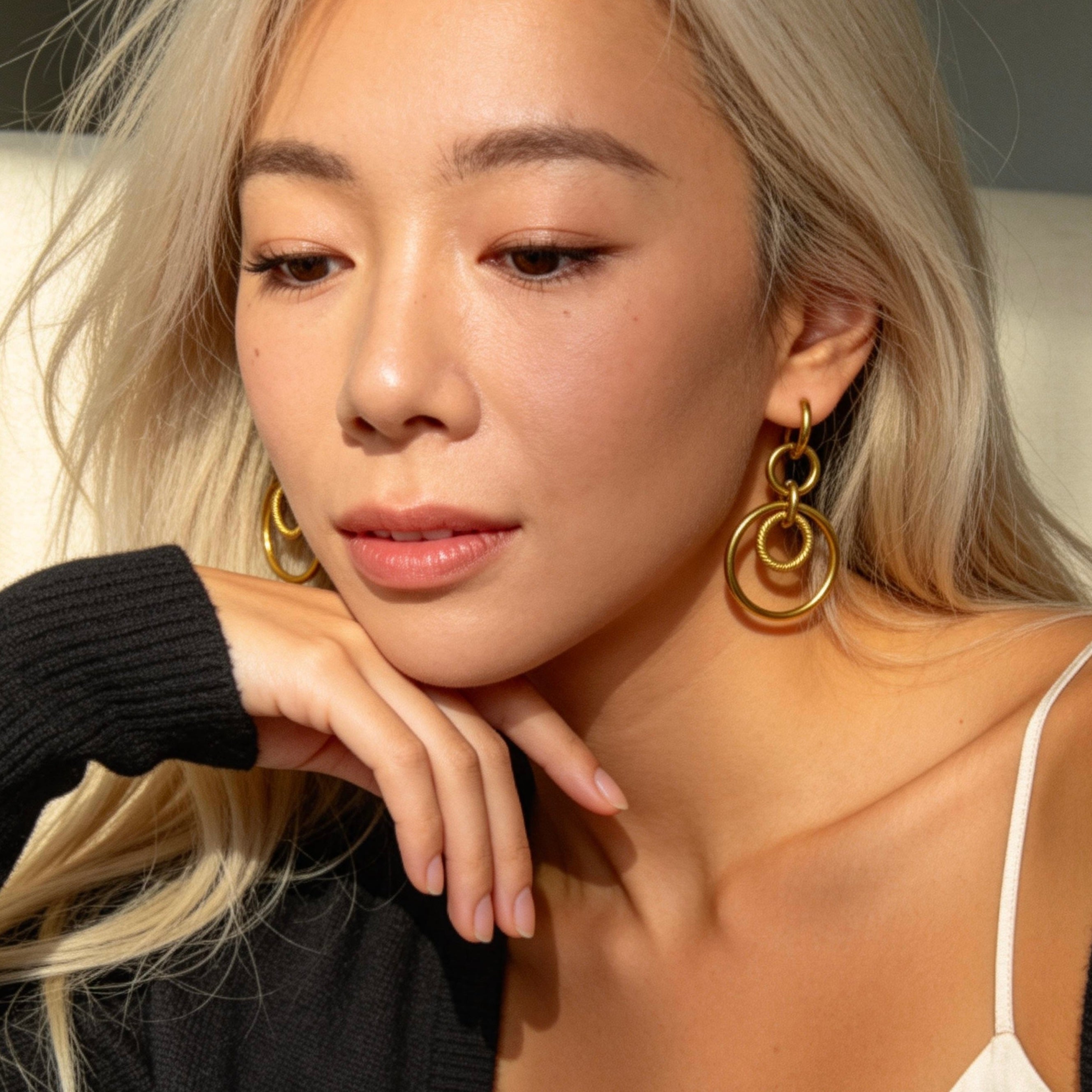 Gold Double Hoop Drop Earrings Geometric Style