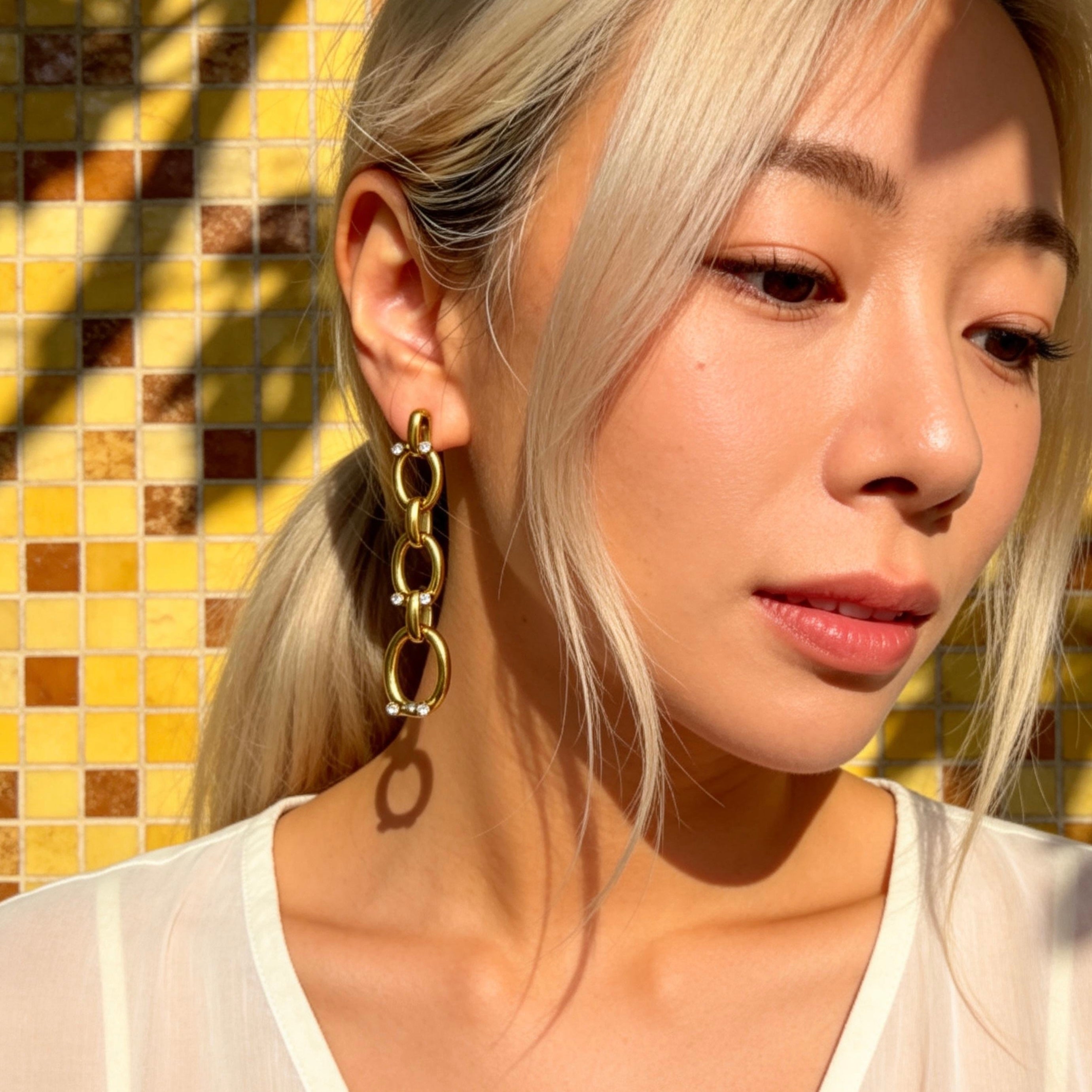 Gold Chain Drop Rhinestone Earrings
