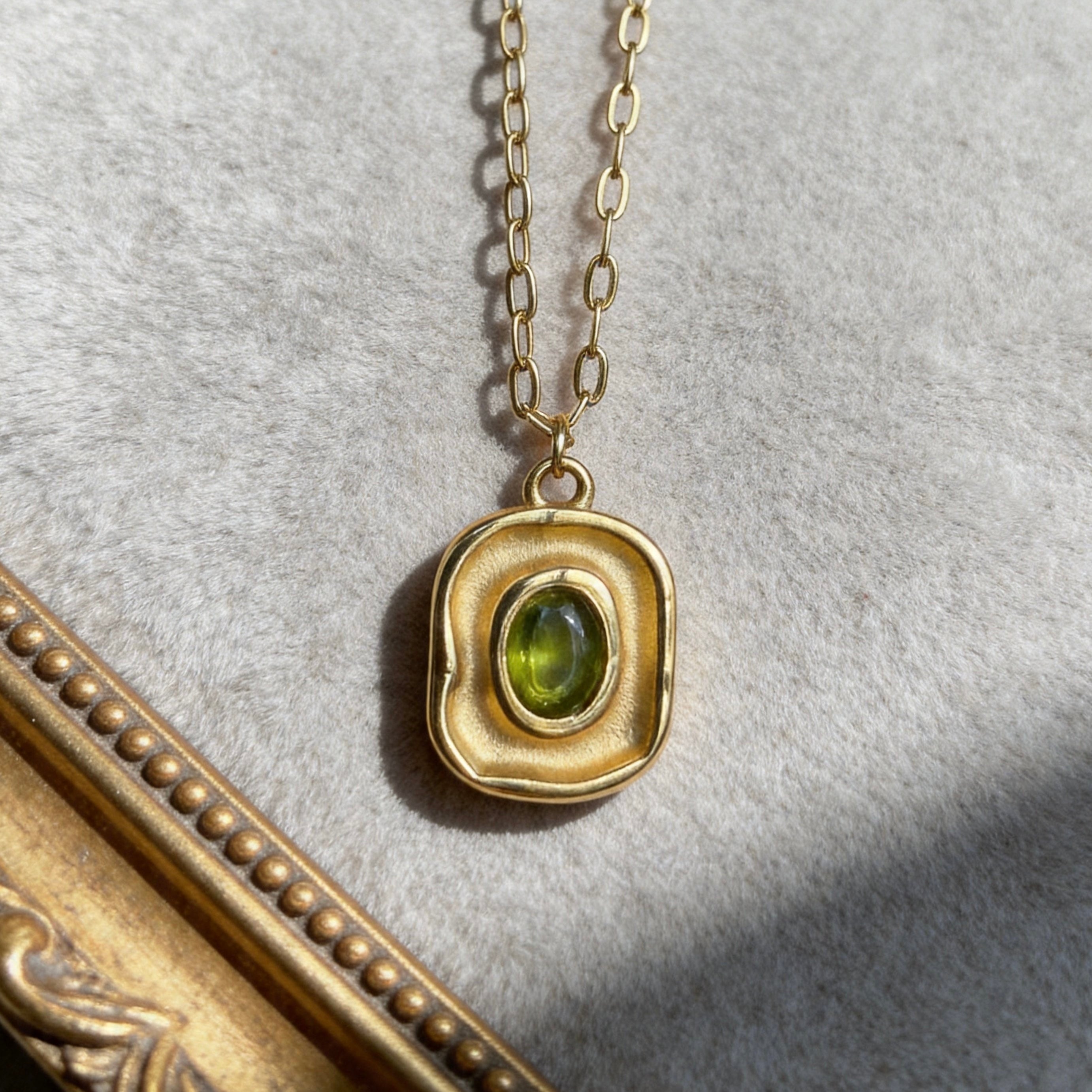 Gold Green Gemstone Square Pendant Necklace