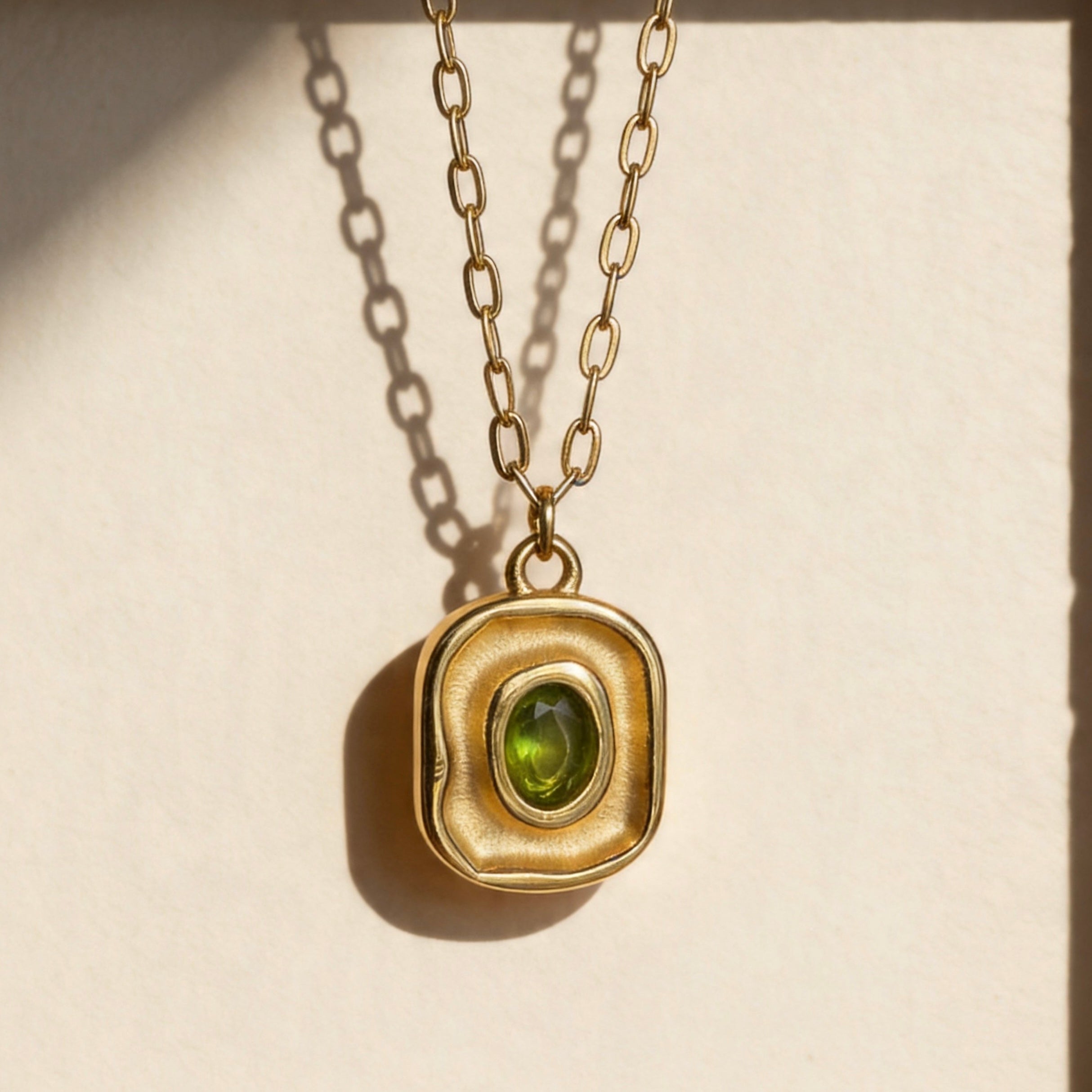 Gold Green Gemstone Square Pendant Necklace