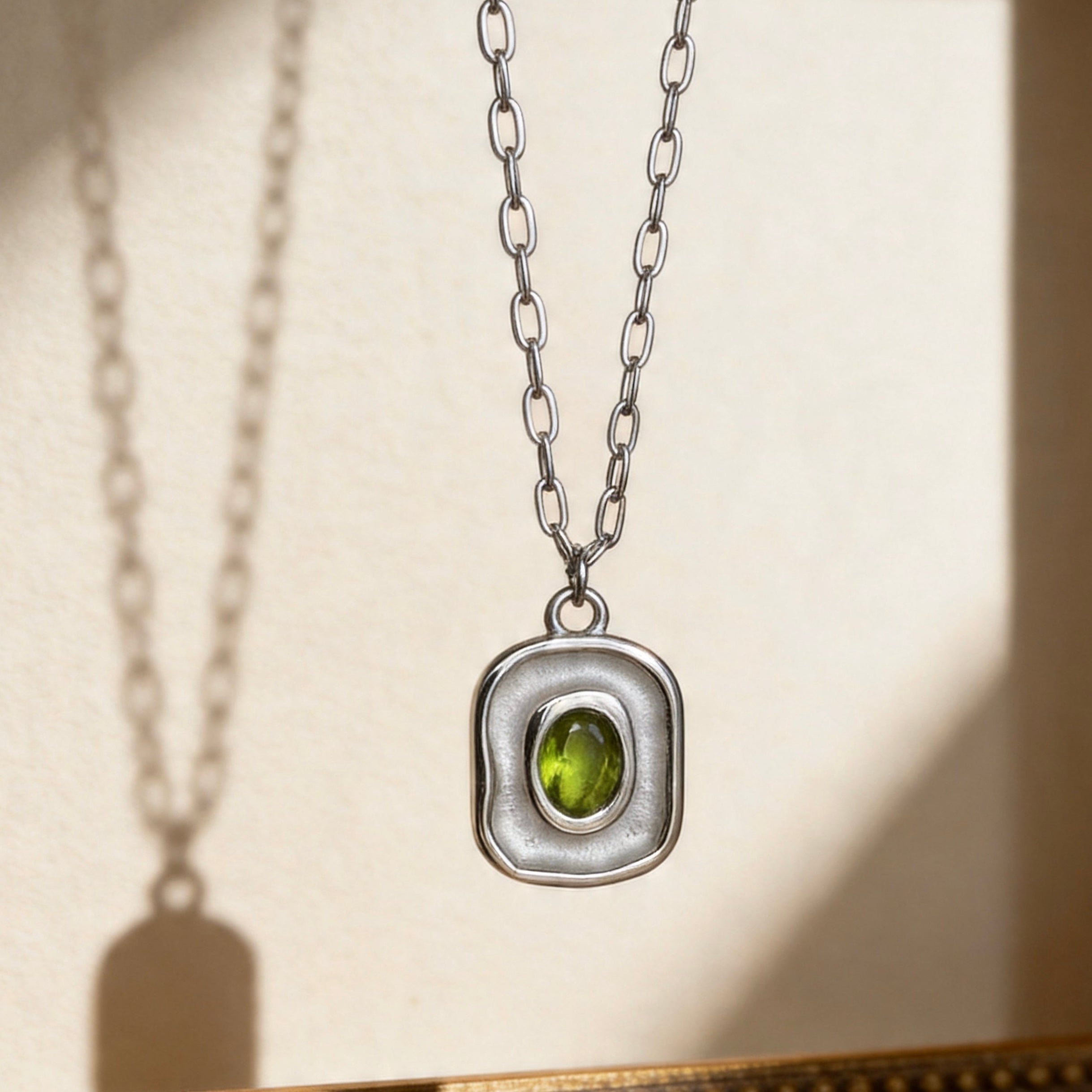 Stainless Steel Green Gemstone Square Pendant Necklace