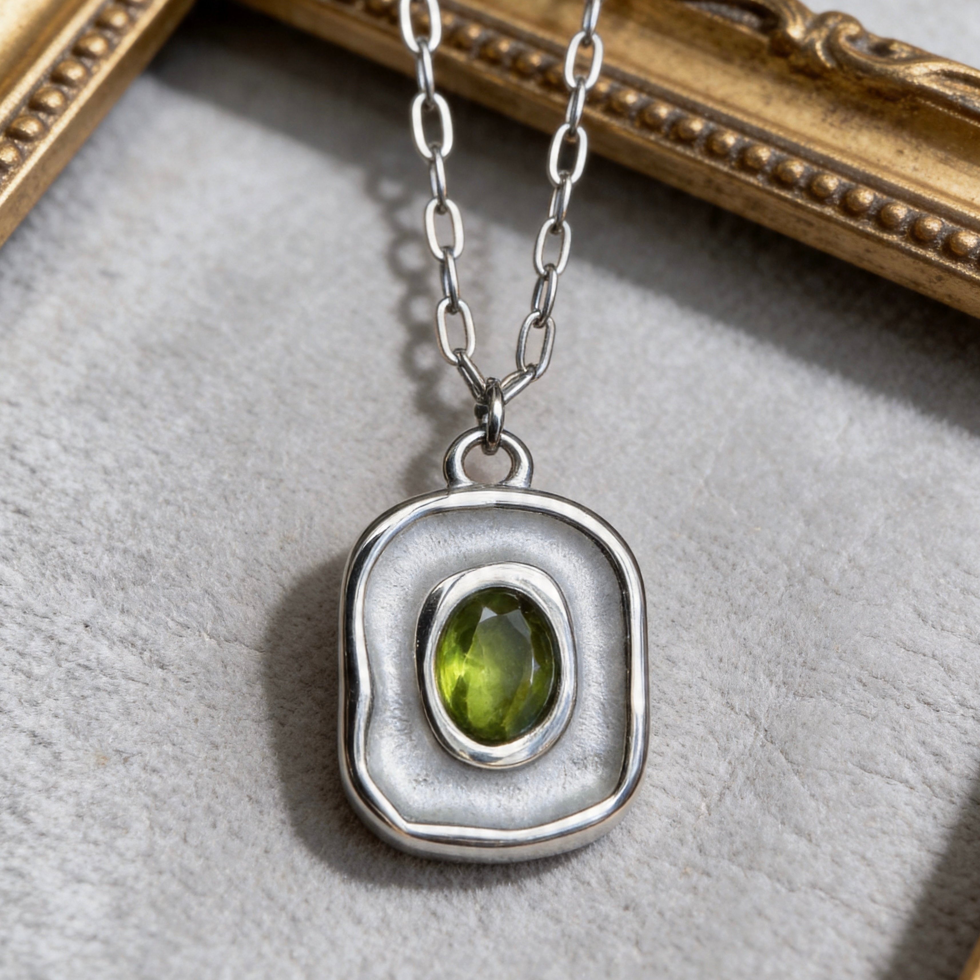 Stainless Steel Green Gemstone Square Pendant Necklace