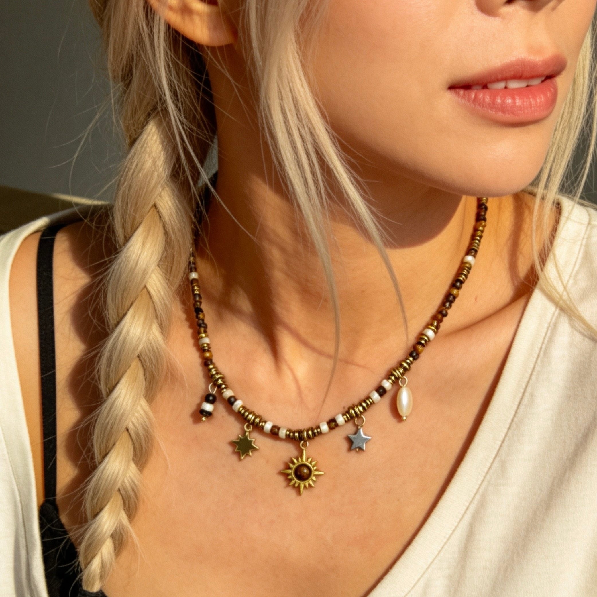 Tiger Eye Shell Charm Necklace