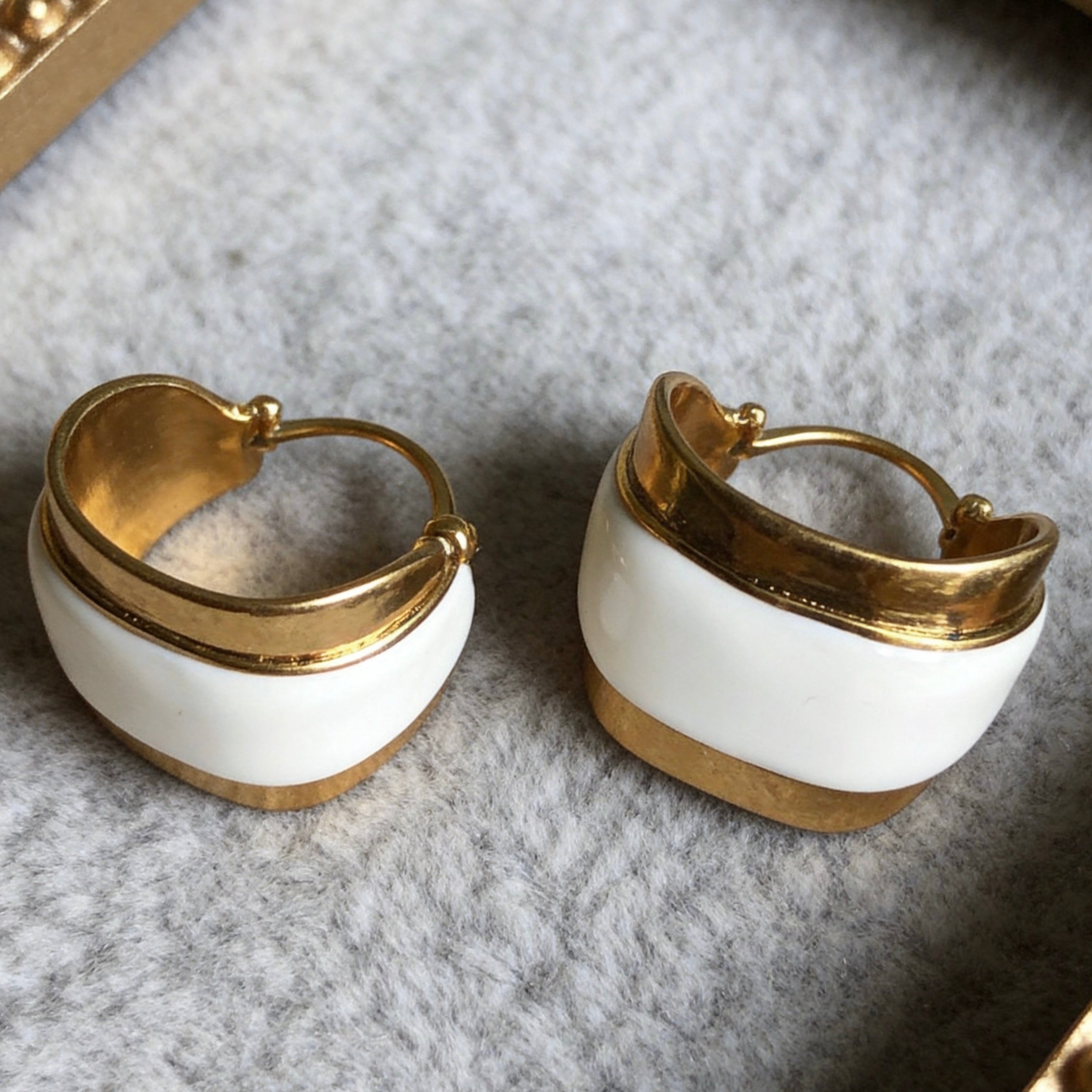 Gold White Enamel Earrings Vintage Statement