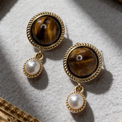 Vintage Tiger Eye & Pearl Drop Earrings