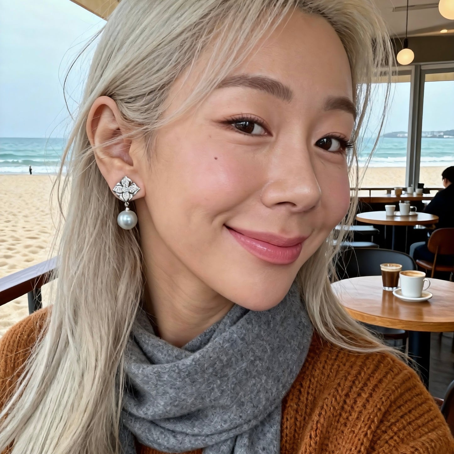 Floral Crystal Grey Pearl Earrings