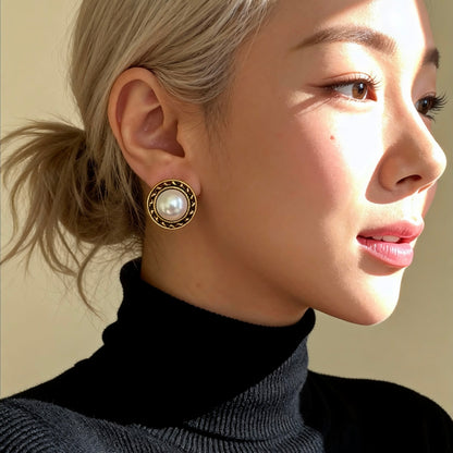 Gold Frame Pearl Stud Earrings