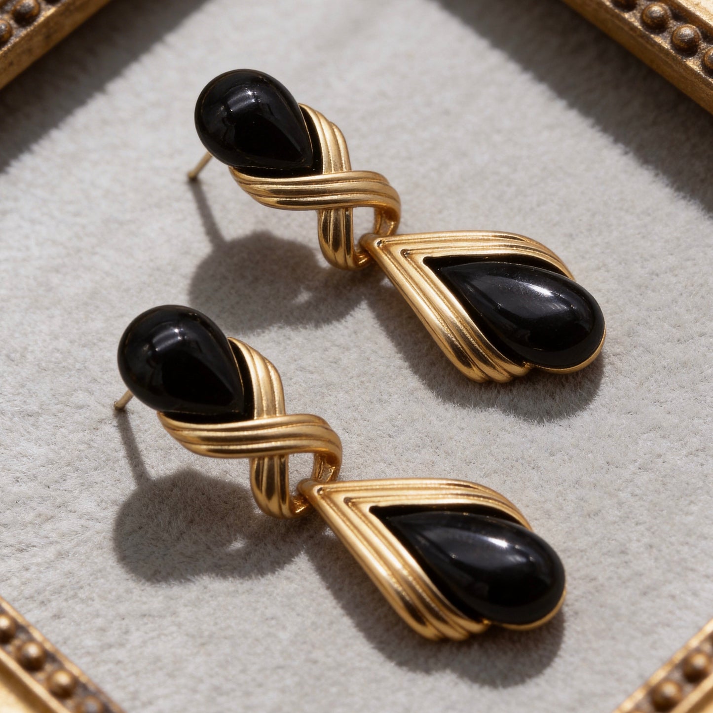 Black Onyx Teardrop Gold Drop Earrings