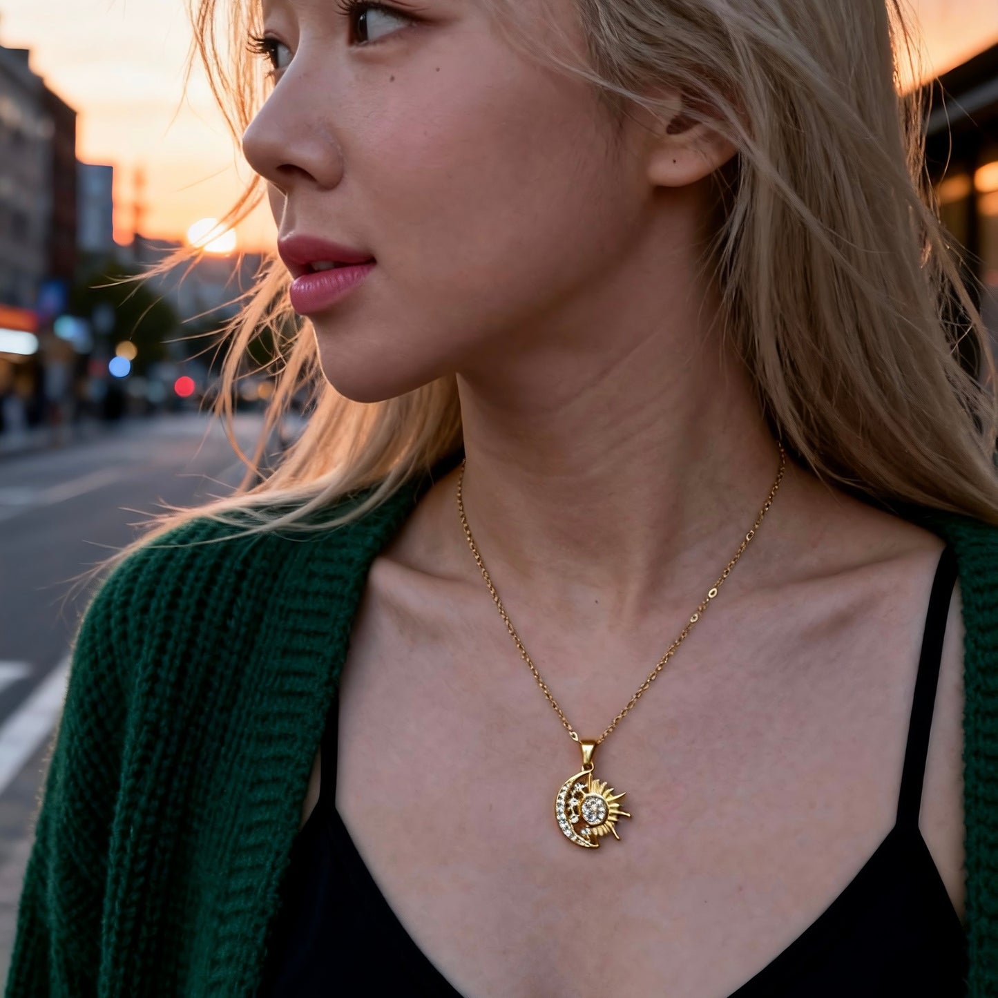 Sun & Moon Crystal Pendant Necklace