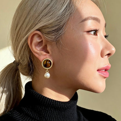 Vintage Tiger Eye & Pearl Drop Earrings