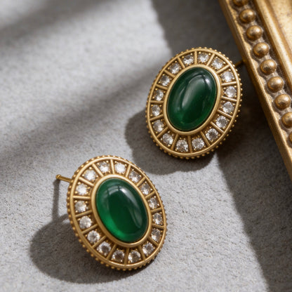 Vintage Green Stone Oval Stud Earrings