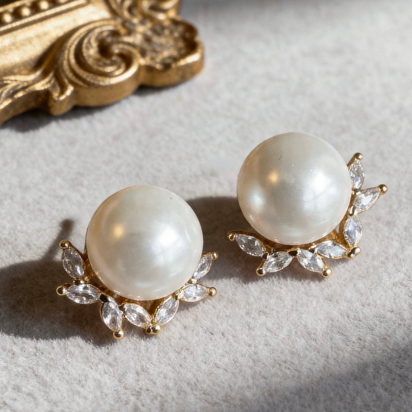 Pearl Stud Earrings with Crystal Halo