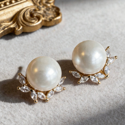 Pearl Stud Earrings with Crystal Halo