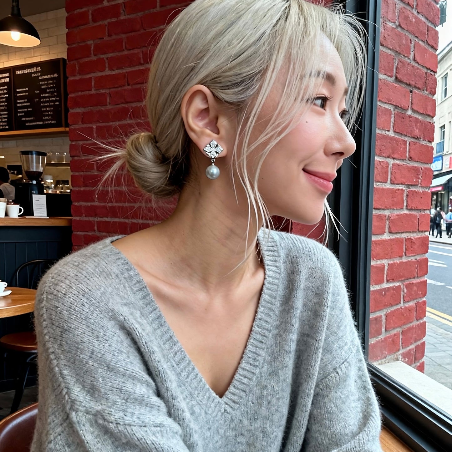 Floral Crystal Grey Pearl Earrings