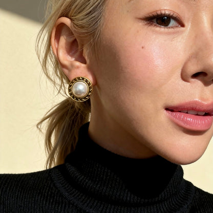 Gold Frame Pearl Stud Earrings