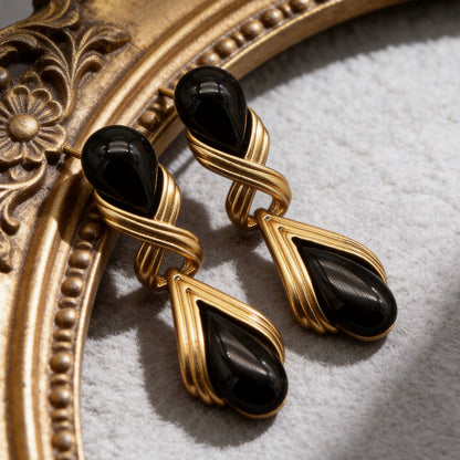 Black Onyx Teardrop Gold Drop Earrings