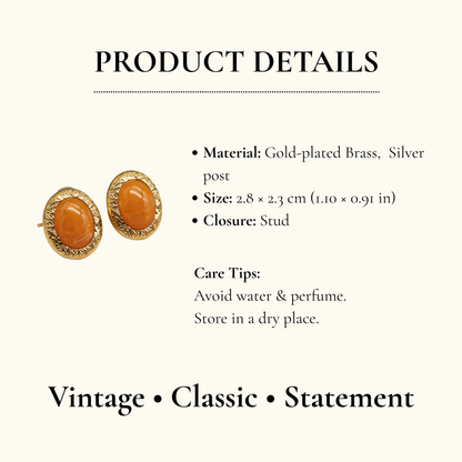 Vintage Orange Stone Oval Stud Earrings