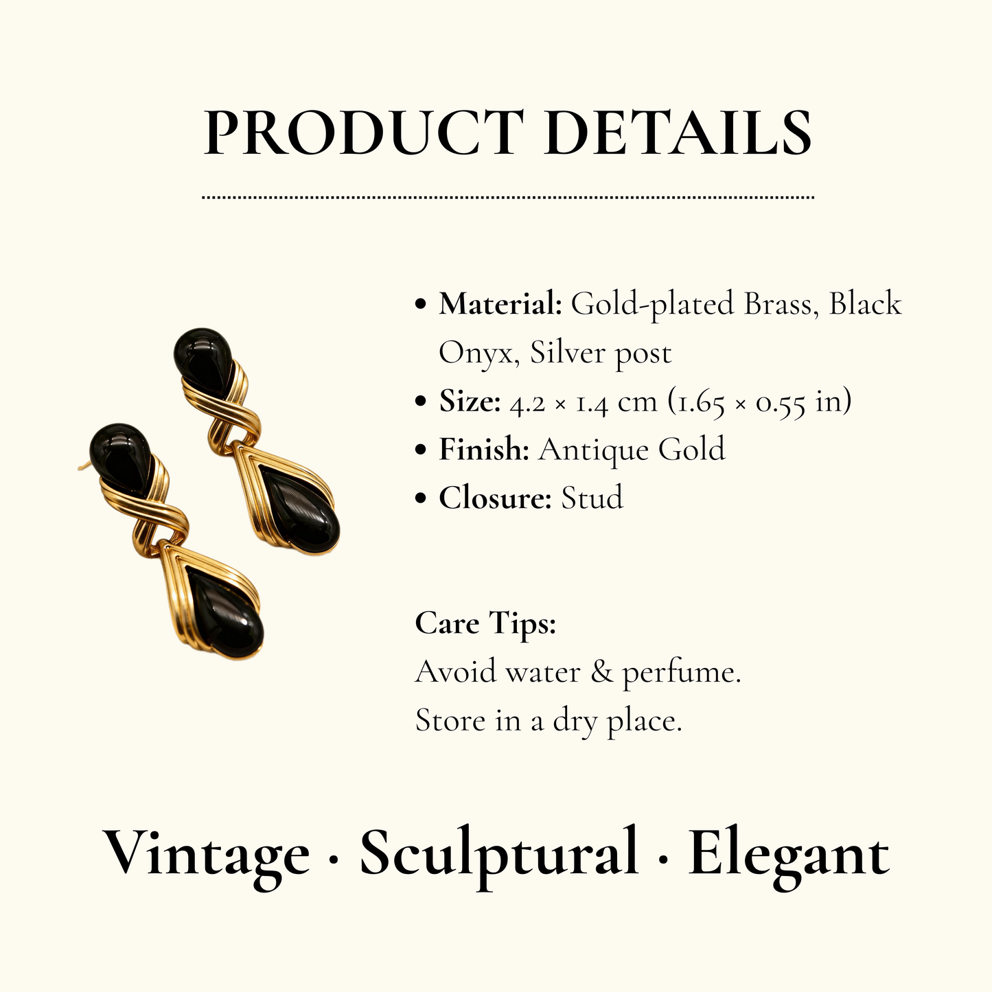 Black Onyx Teardrop Gold Drop Earrings