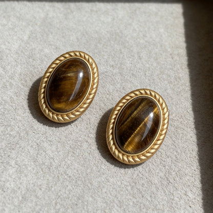 Vintage Oval Tiger Eye Stud Earrings