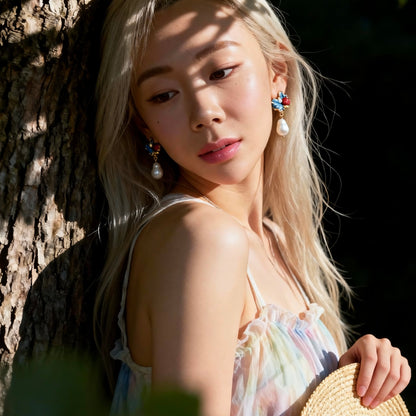 Blue Enamel Floral Baroque Pearl Drop Earrings