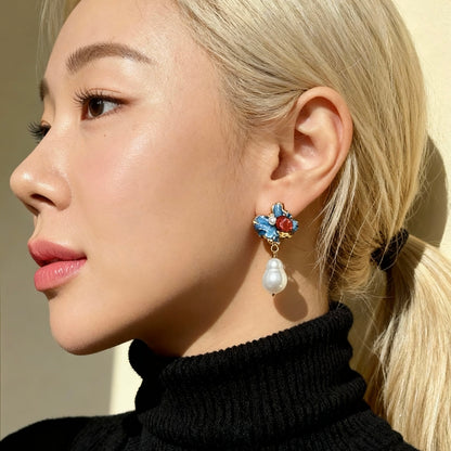 Blue Enamel Floral Baroque Pearl Drop Earrings