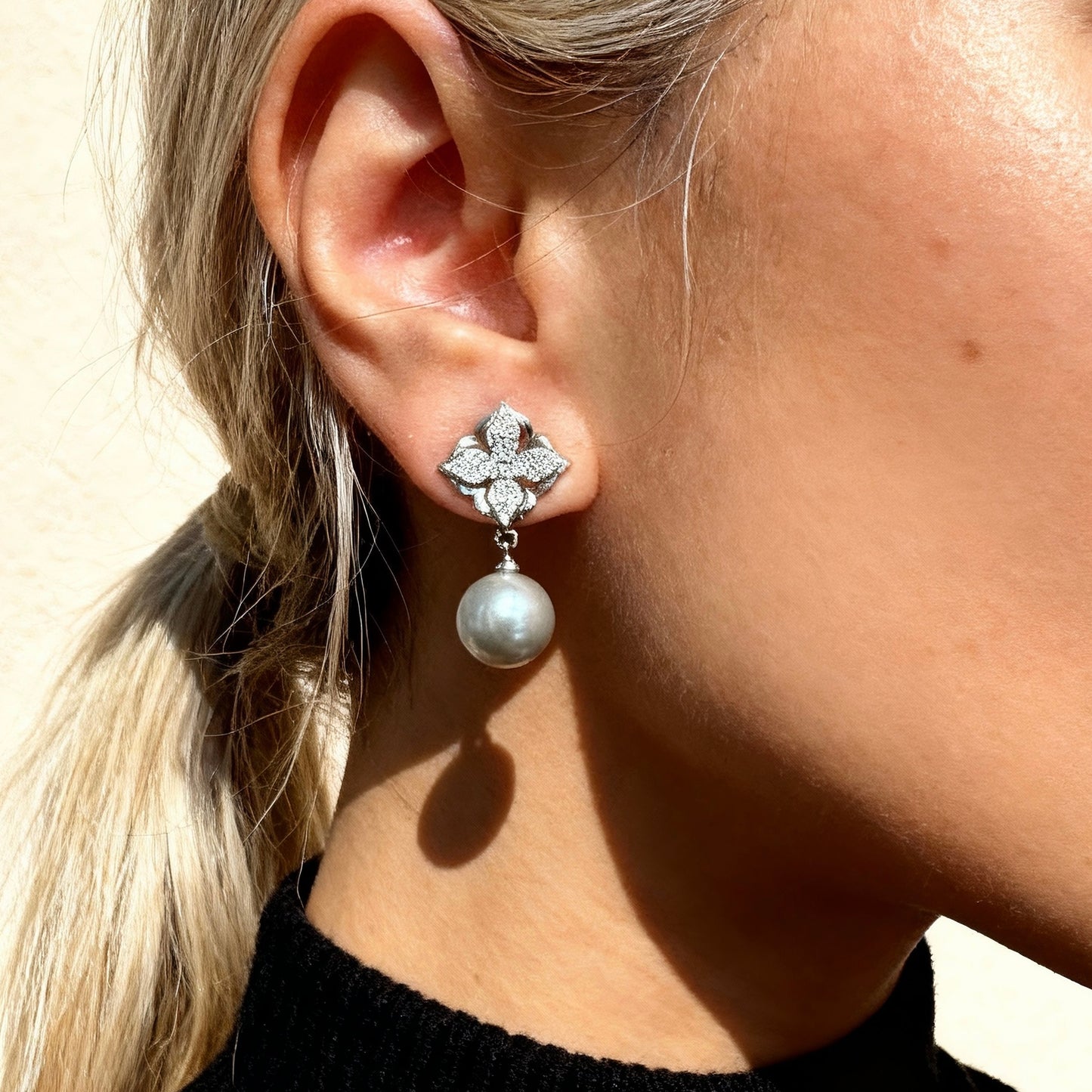 Floral Crystal Grey Pearl Earrings