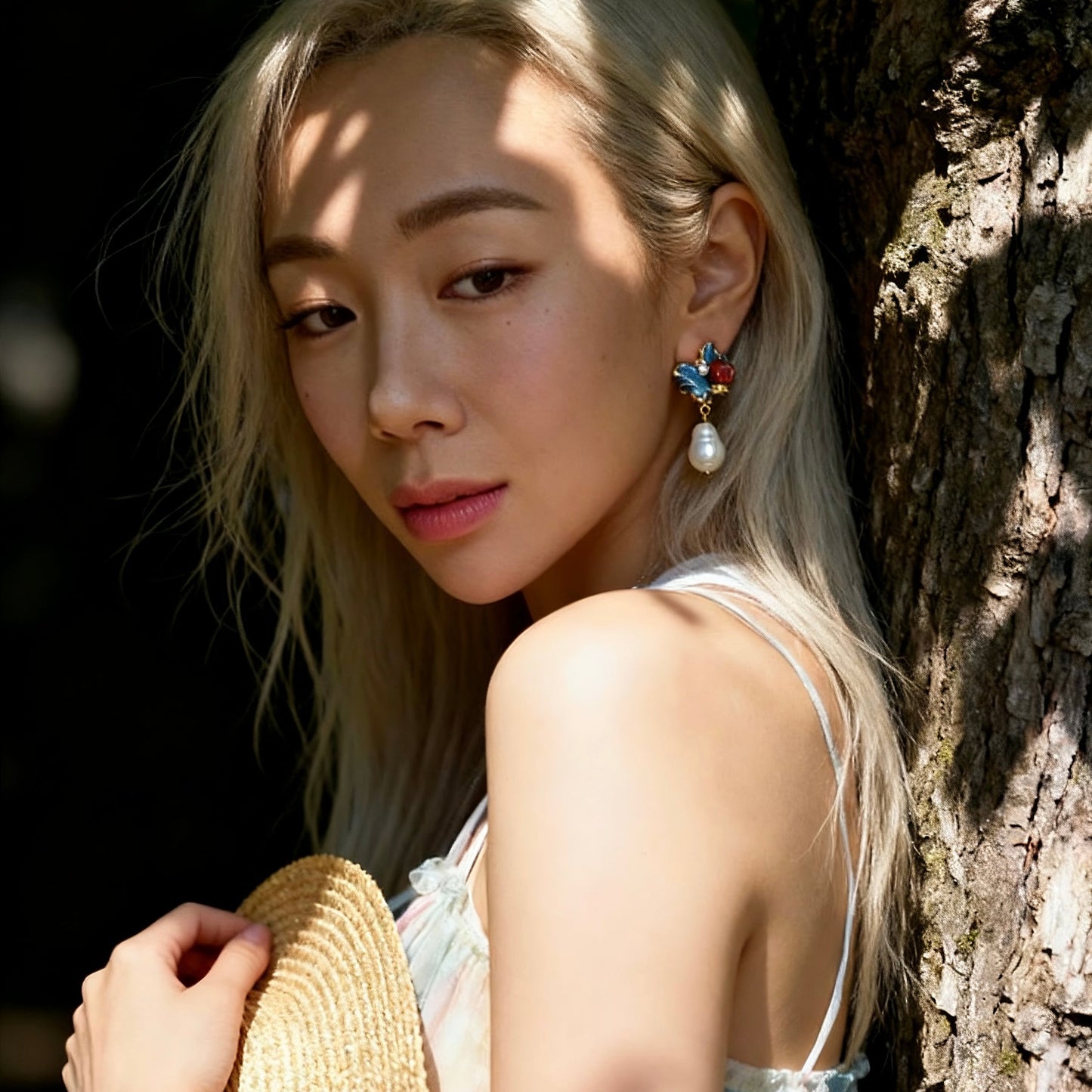 Blue Enamel Floral Baroque Pearl Drop Earrings