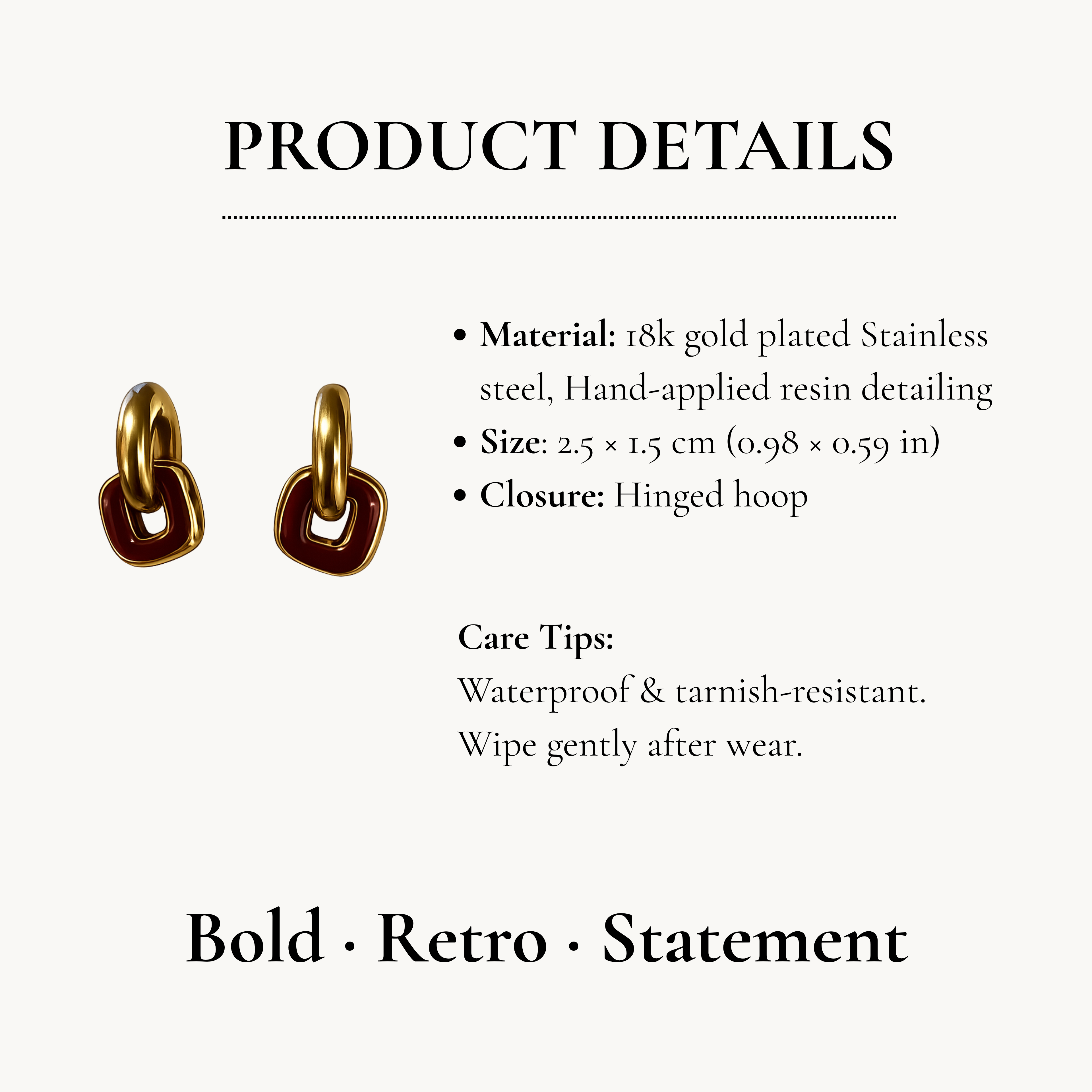 Gold & Red Brown Linked Hoop Earrings