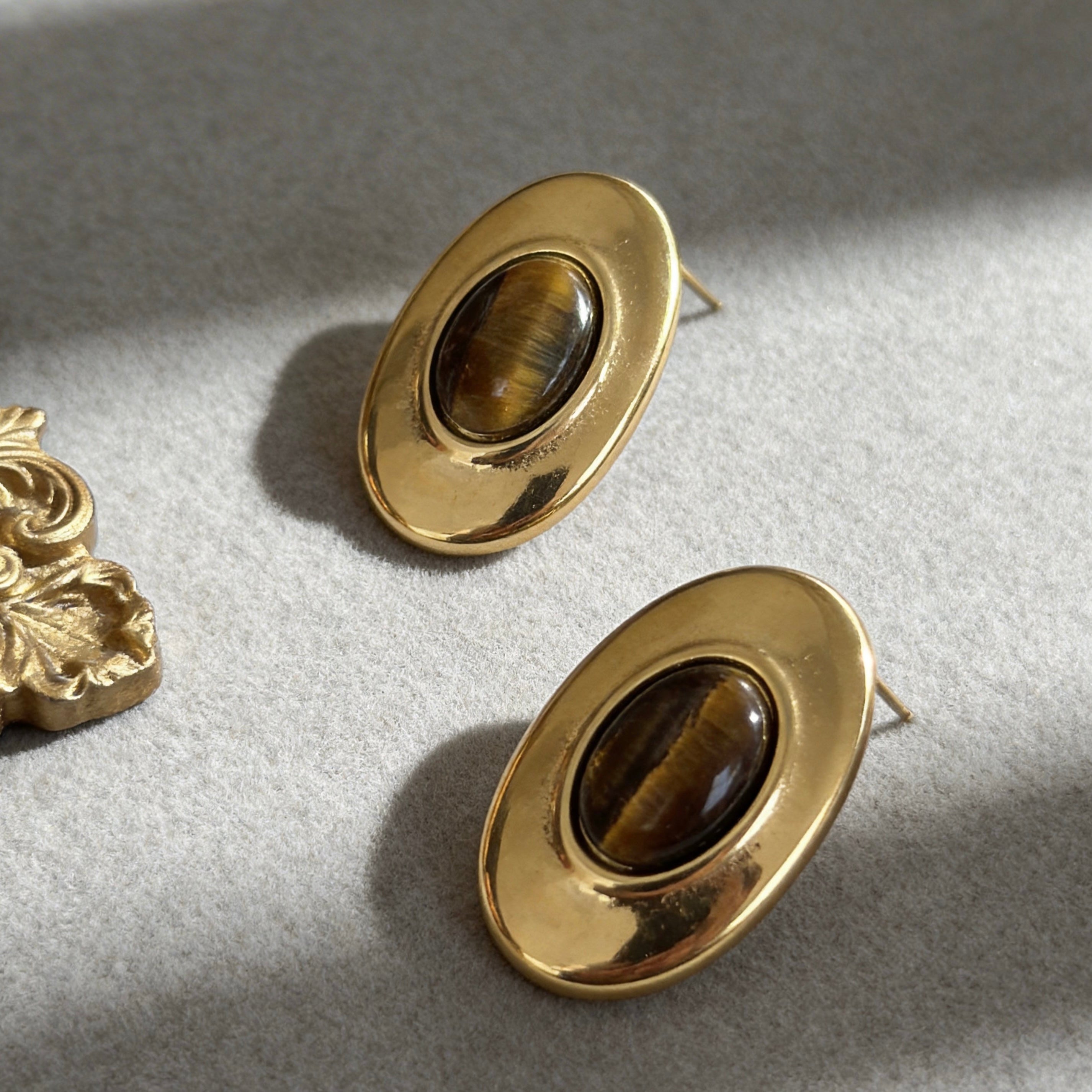 Oval Tiger Eye Stud Earrings