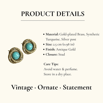 Vintage Gold Turquoise Stud Earrings
