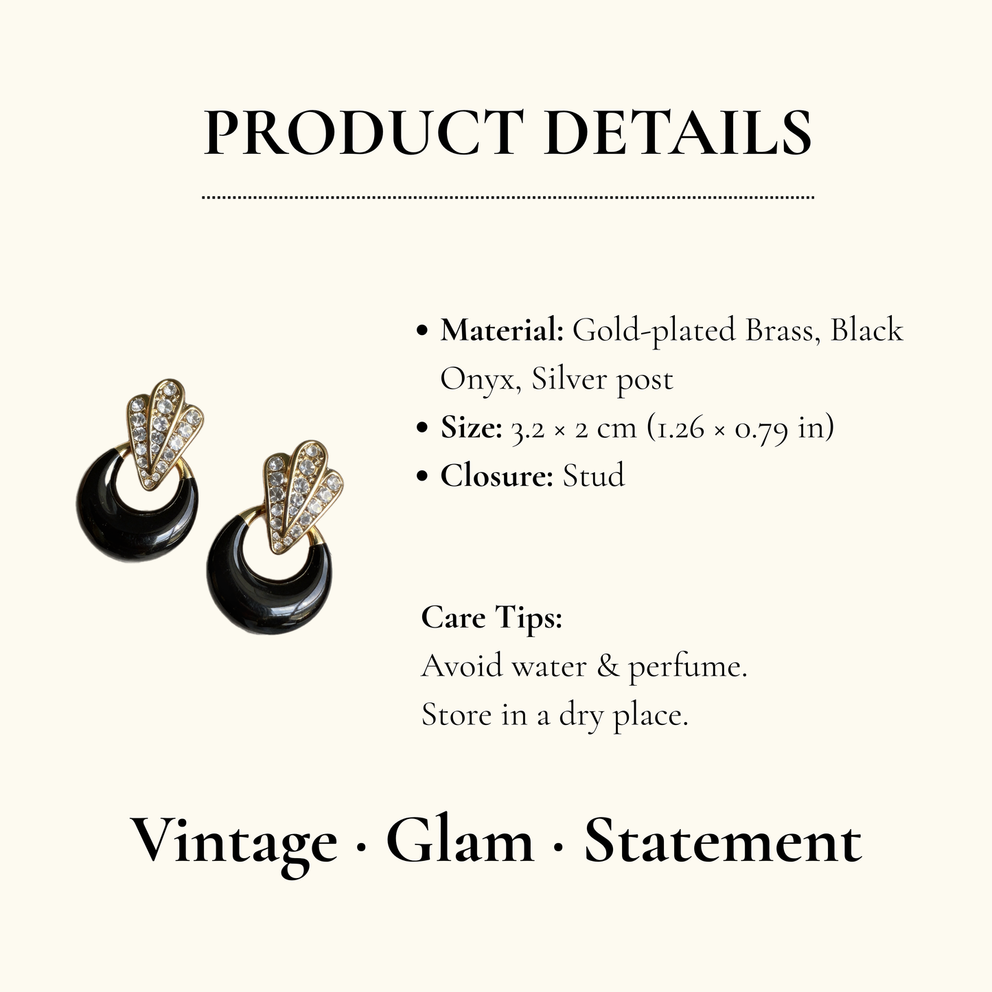 Vintage Black Hoop Rhinestone Fan Earrings