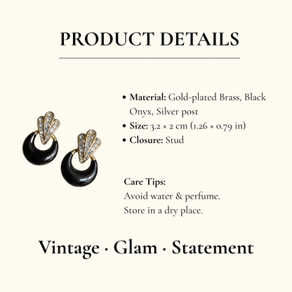 Vintage Black Hoop Rhinestone Fan Earrings
