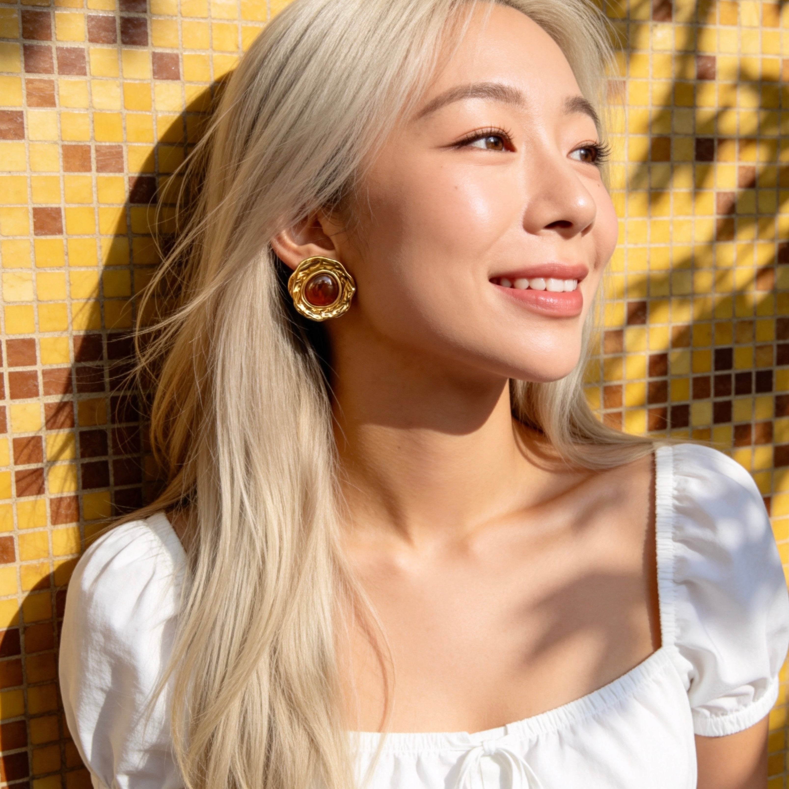 Gold Brown Stone Statement Stud Earrings