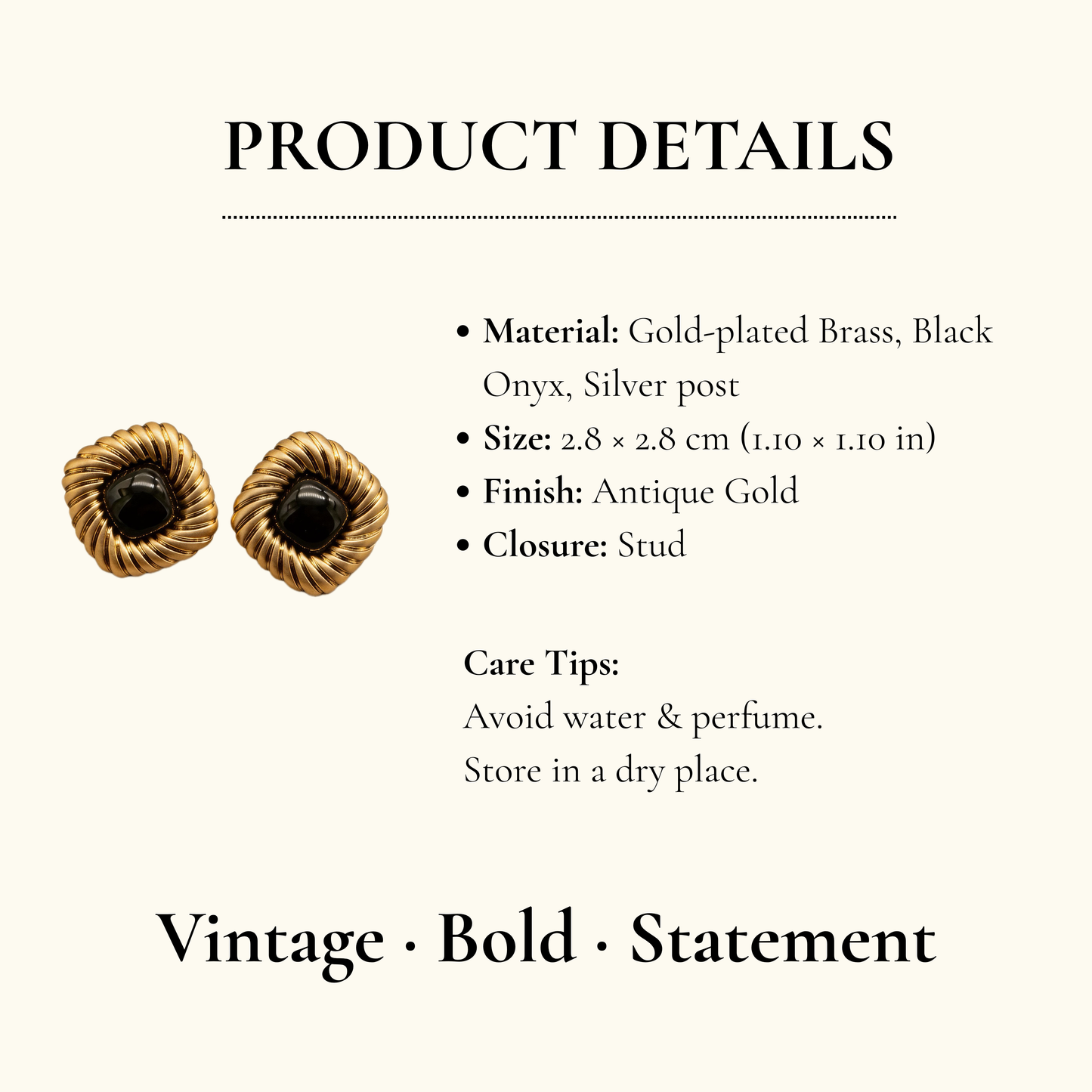 Black Onyx Gold Vintage Stud Earrings