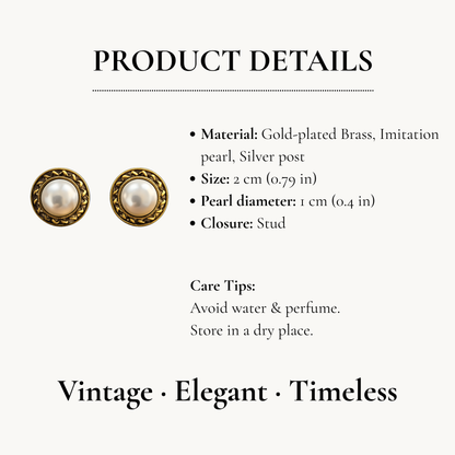 Gold Frame Pearl Stud Earrings