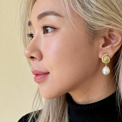 Gold Seashell Baroque Pearl Drop Earrings