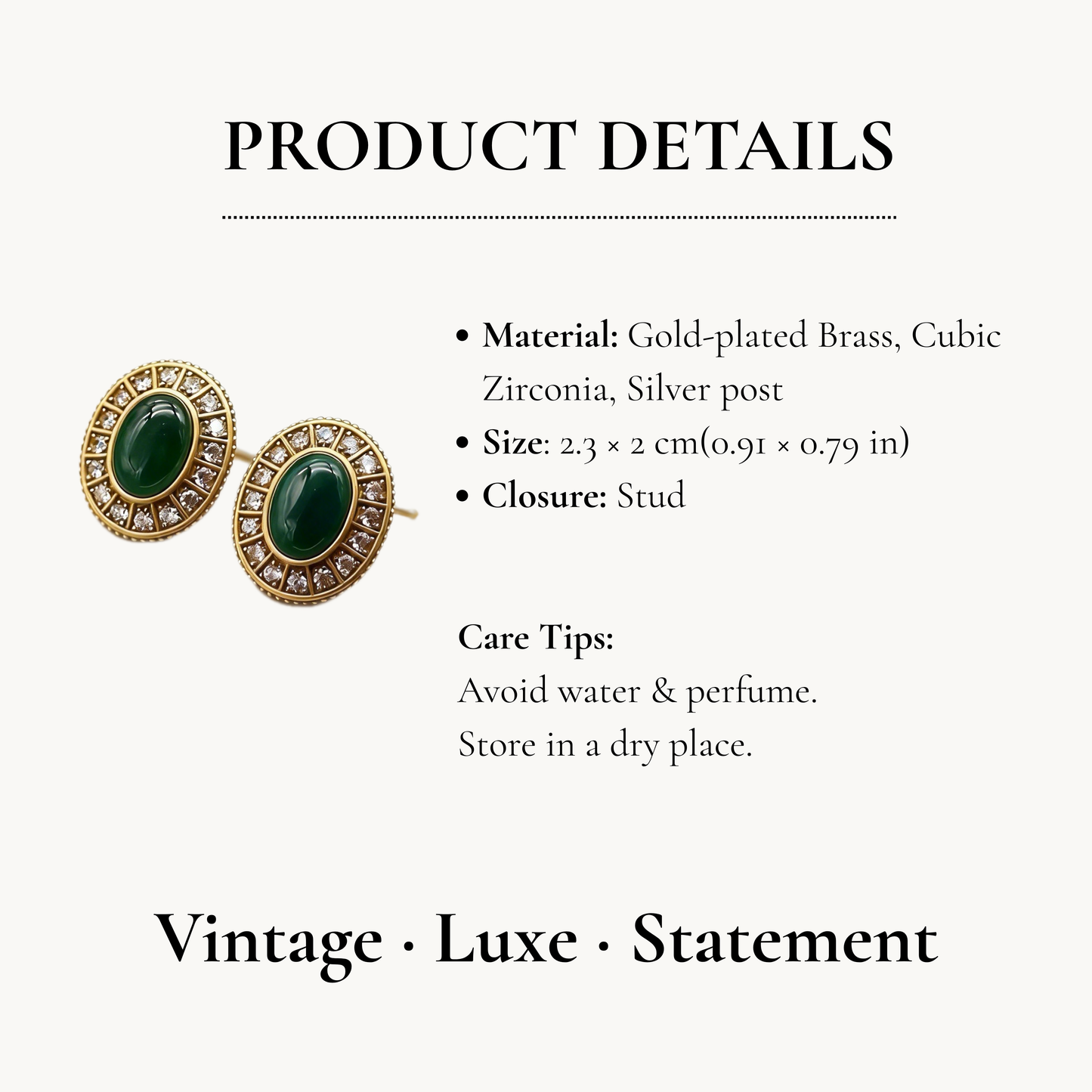 Vintage Green Stone Oval Stud Earrings