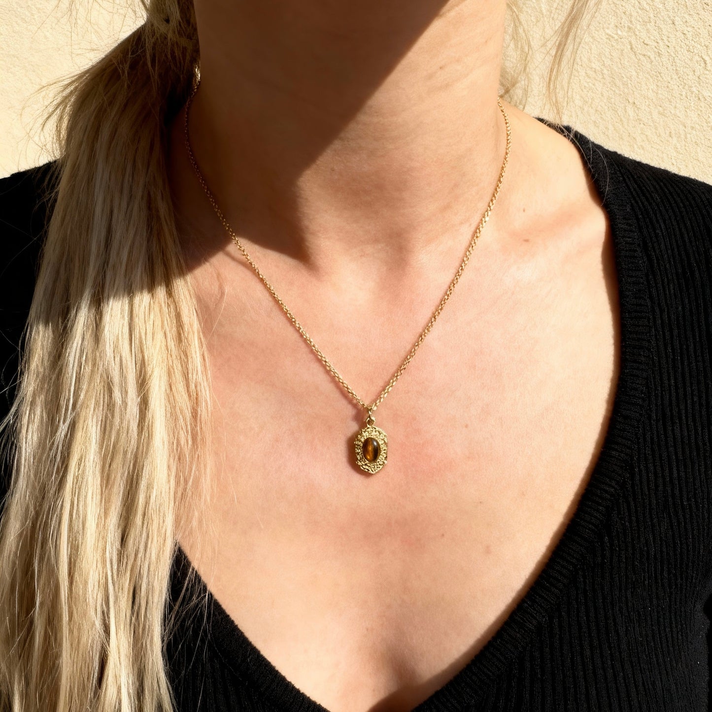 Tiger Eye Engraved Frame Necklace