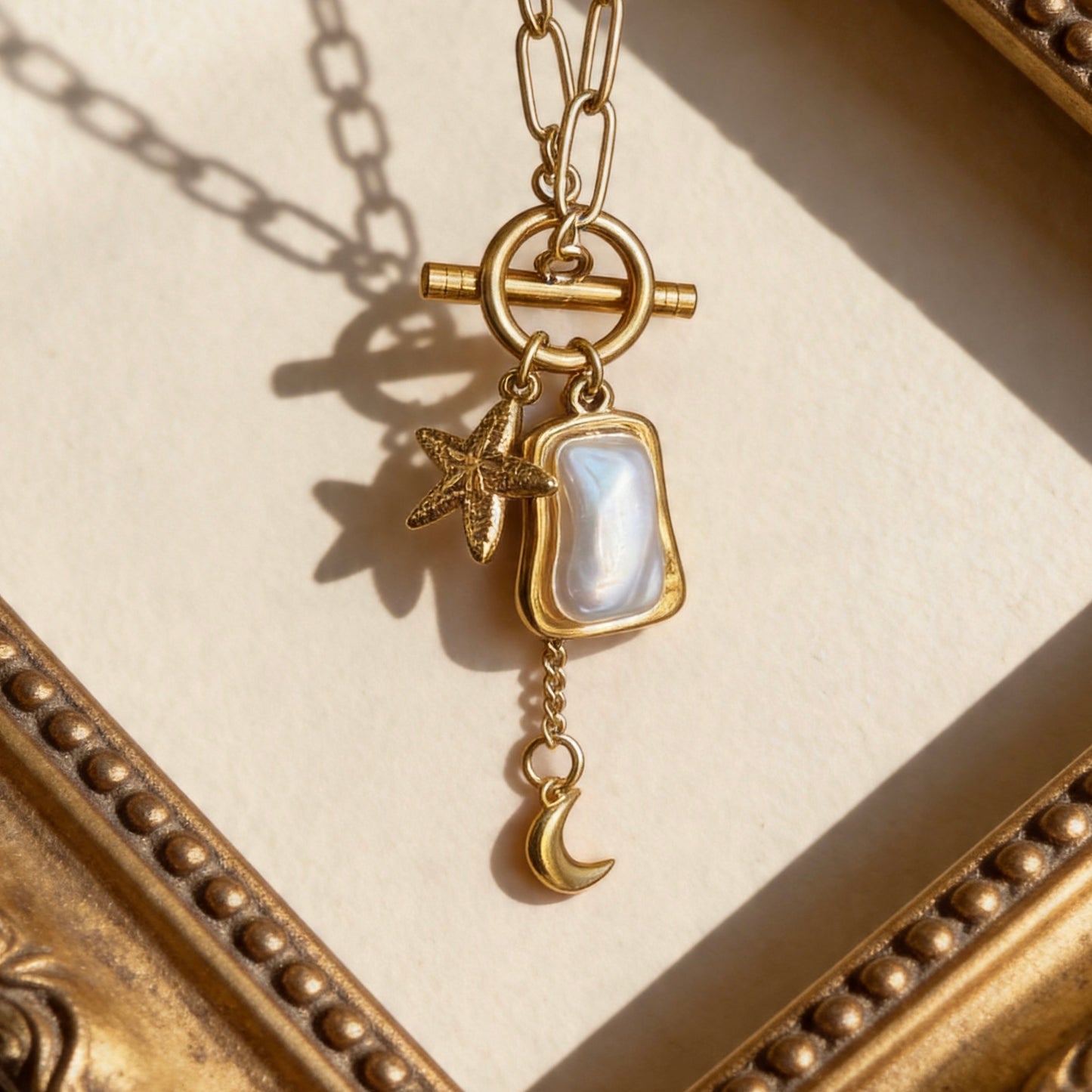 Gold Ocean Charm Pearl Necklace