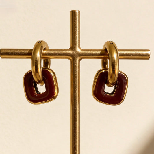 Gold & Red Brown Linked Hoop Earrings