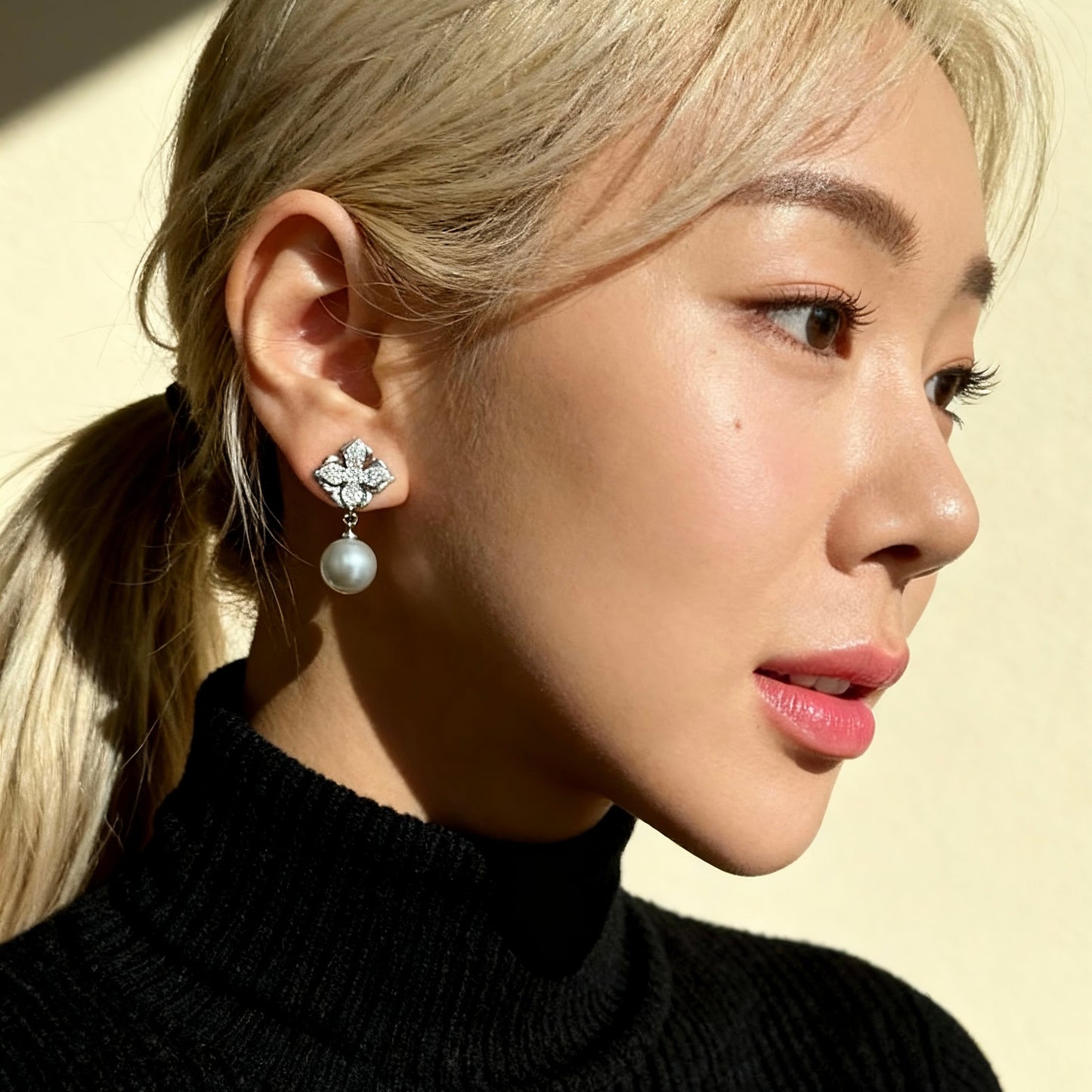 Floral Crystal Grey Pearl Earrings