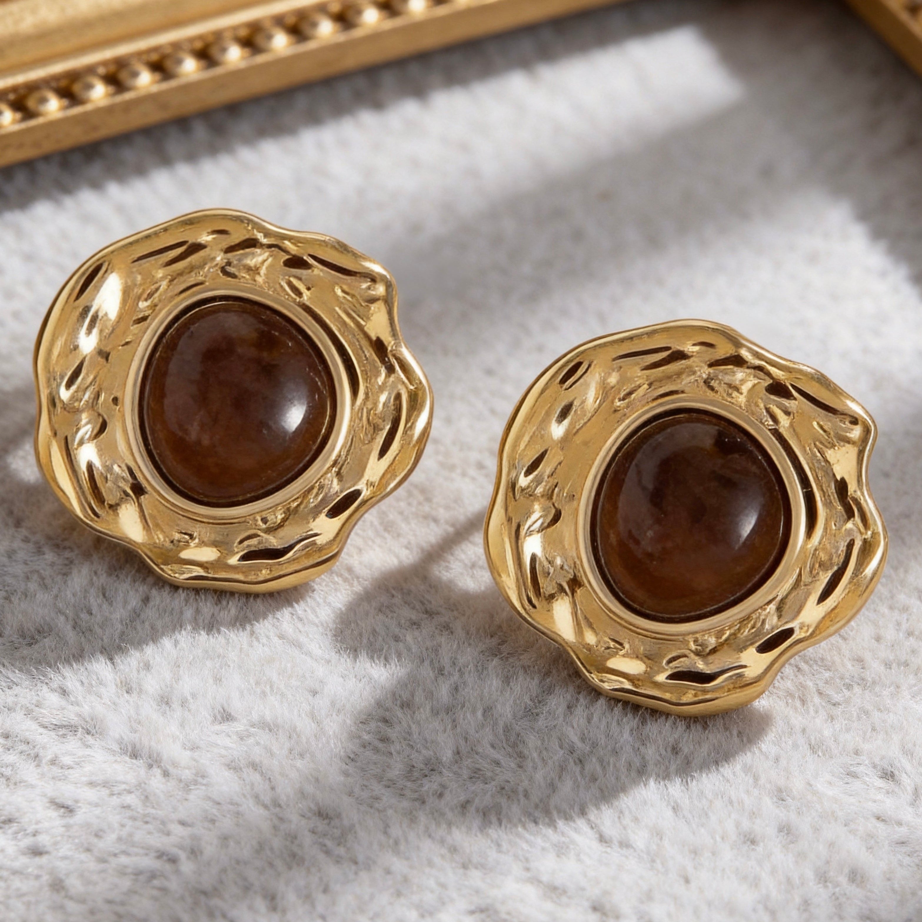 Gold Brown Stone Statement Stud Earrings