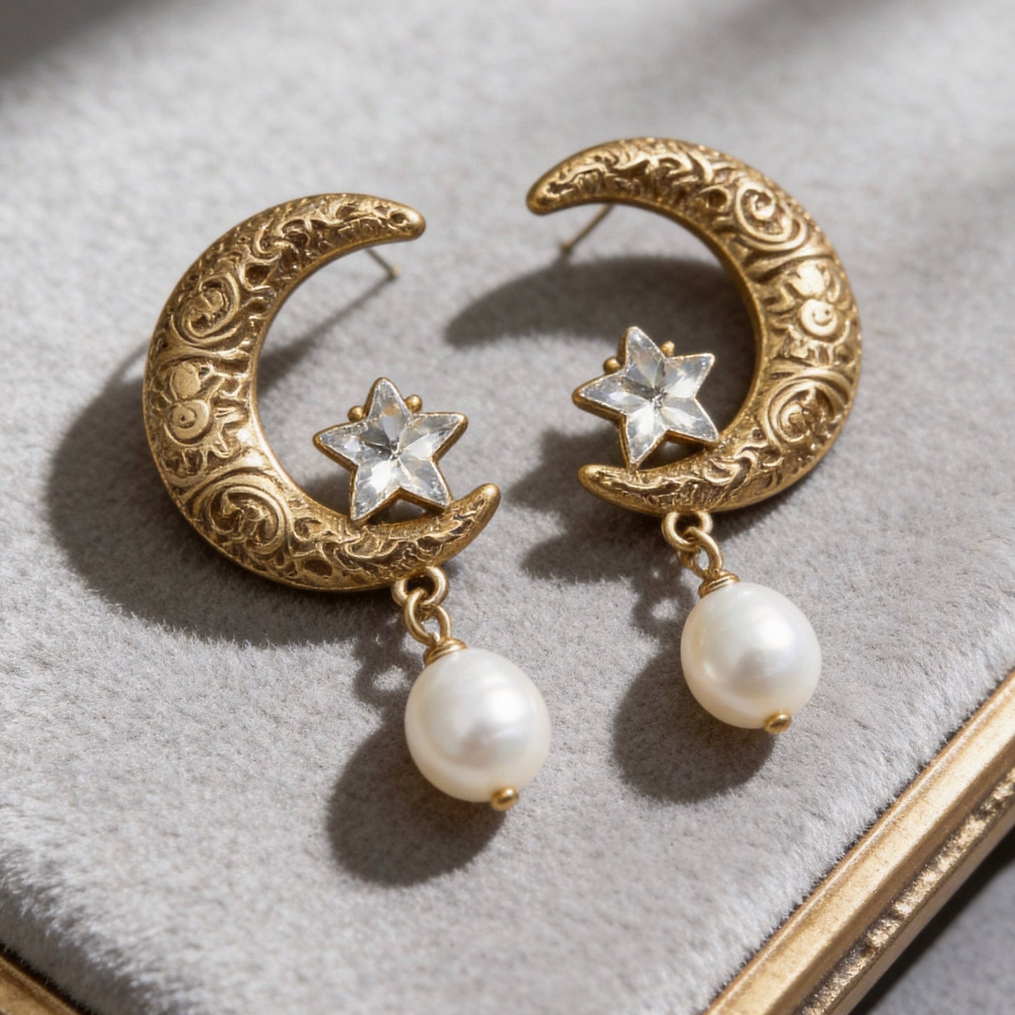 Vintage Moon Star Pearl Drop Earrings