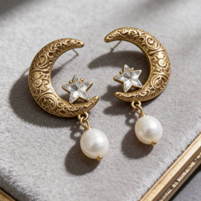 Vintage Moon Star Pearl Drop Earrings