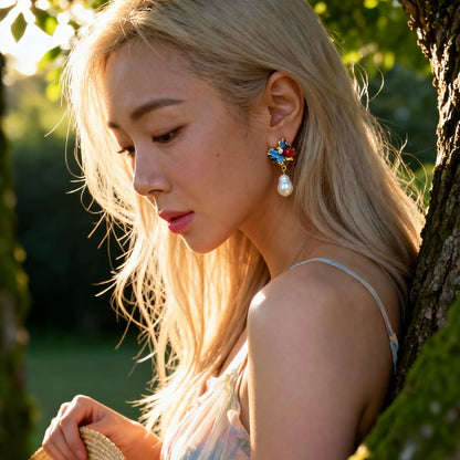 Blue Enamel Floral Baroque Pearl Drop Earrings