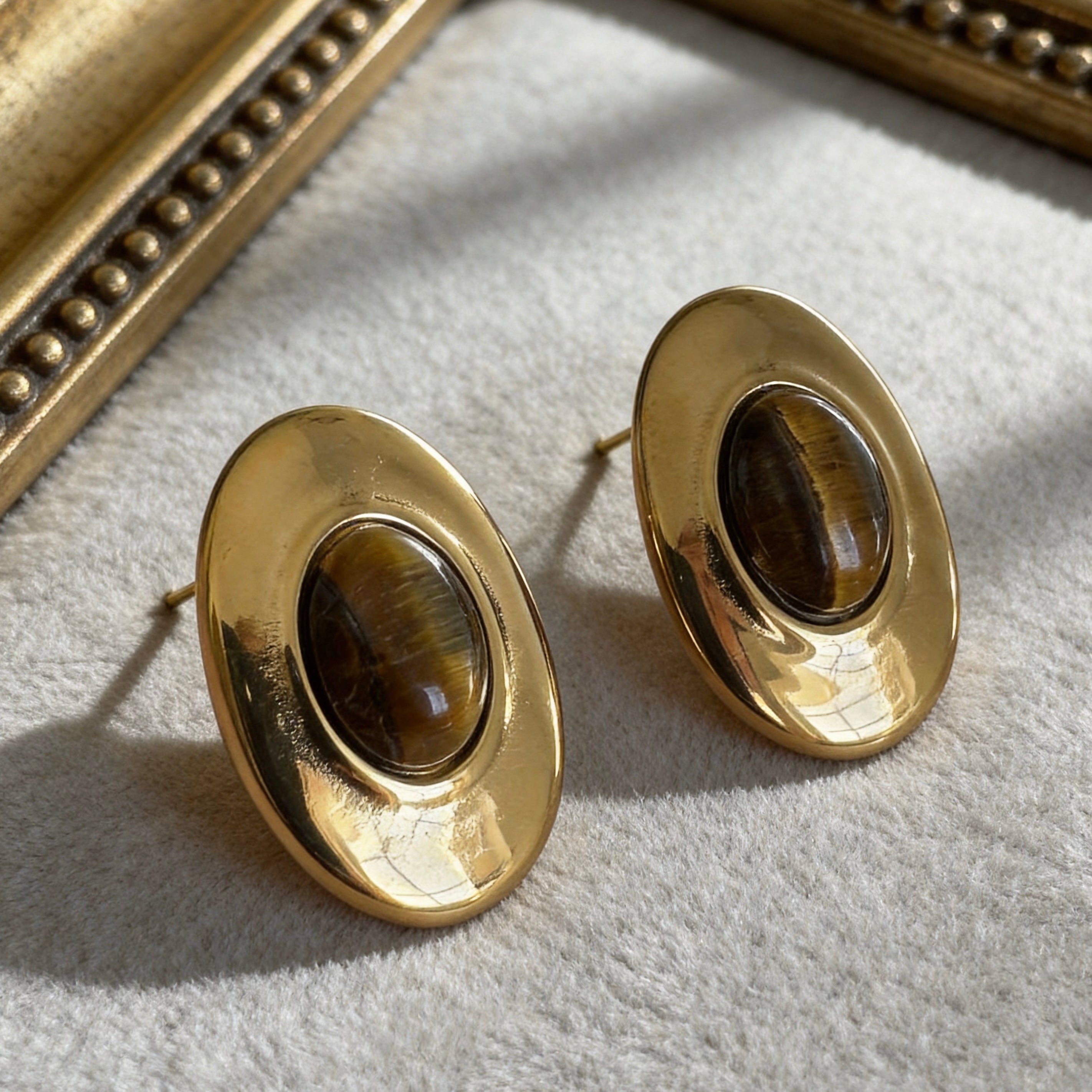 Oval Tiger Eye Stud Earrings