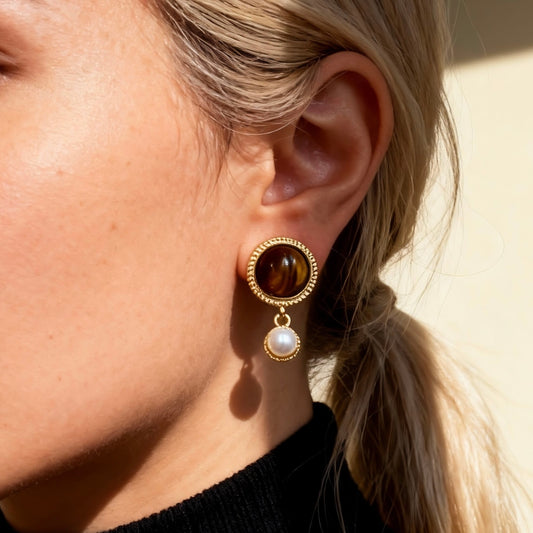 Vintage Tiger Eye & Pearl Drop Earrings